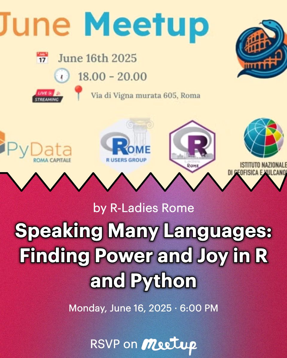 R-Ladies Rome (@rladiesrome) on Twitter photo 🎉 You’re Invited! R + Python Communities Meetup – June 16 (Hybrid)
Join R-Ladies Rome, Rome R Users Group, and PyData Roma Capitale
🗓️ Date: June 16, 2025  at 18:00 – 20:00  CET
📍 Location:  
• In-person: INGV, Via di Vigna Murata 605, Rome  
• Online: meetup.com/rladies-rome/e… 🎉 You’re Invited! R + Python Communities Meetup – June 16 (Hybrid)
Join R-Ladies Rome, Rome R Users Group, and PyData Roma Capitale
🗓️ Date: June 16, 2025  at 18:00 – 20:00  CET
📍 Location:  
• In-person: INGV, Via di Vigna Murata 605, Rome  
• Online: meetup.com/rladies-rome/e…