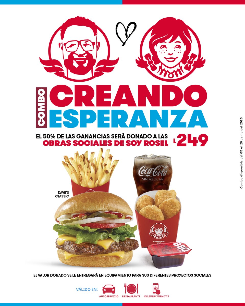 Orgullosamente estamos lanzando Junto a SOY ROSEL el combo #CreandoEsperanza. El 50% de las ganancias de cada combo serán donadas a las obras sociales de Soy Rosel.
Puedes comprarlo ya en tu Wendy´s más cercano y demostrar que juntos somos invencibles.