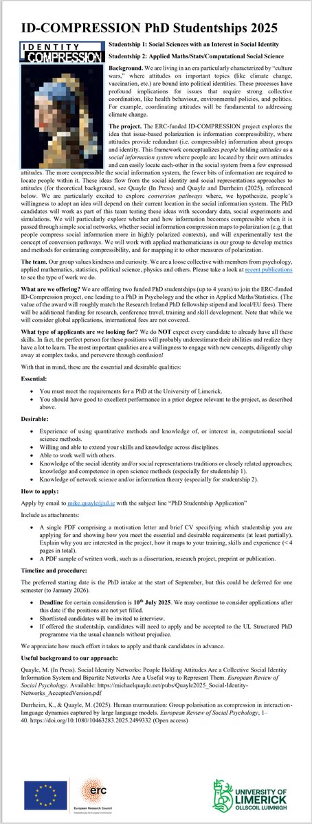 We're offering two funded PhD studentships in the ERC-Funded ID-Compression project at the University of Limerick, Ireland -- please pass on to any kind, curious &amp; talented candidates who might be interested. 
Thank you! 
dropbox.com/scl/fi/svvz16j…