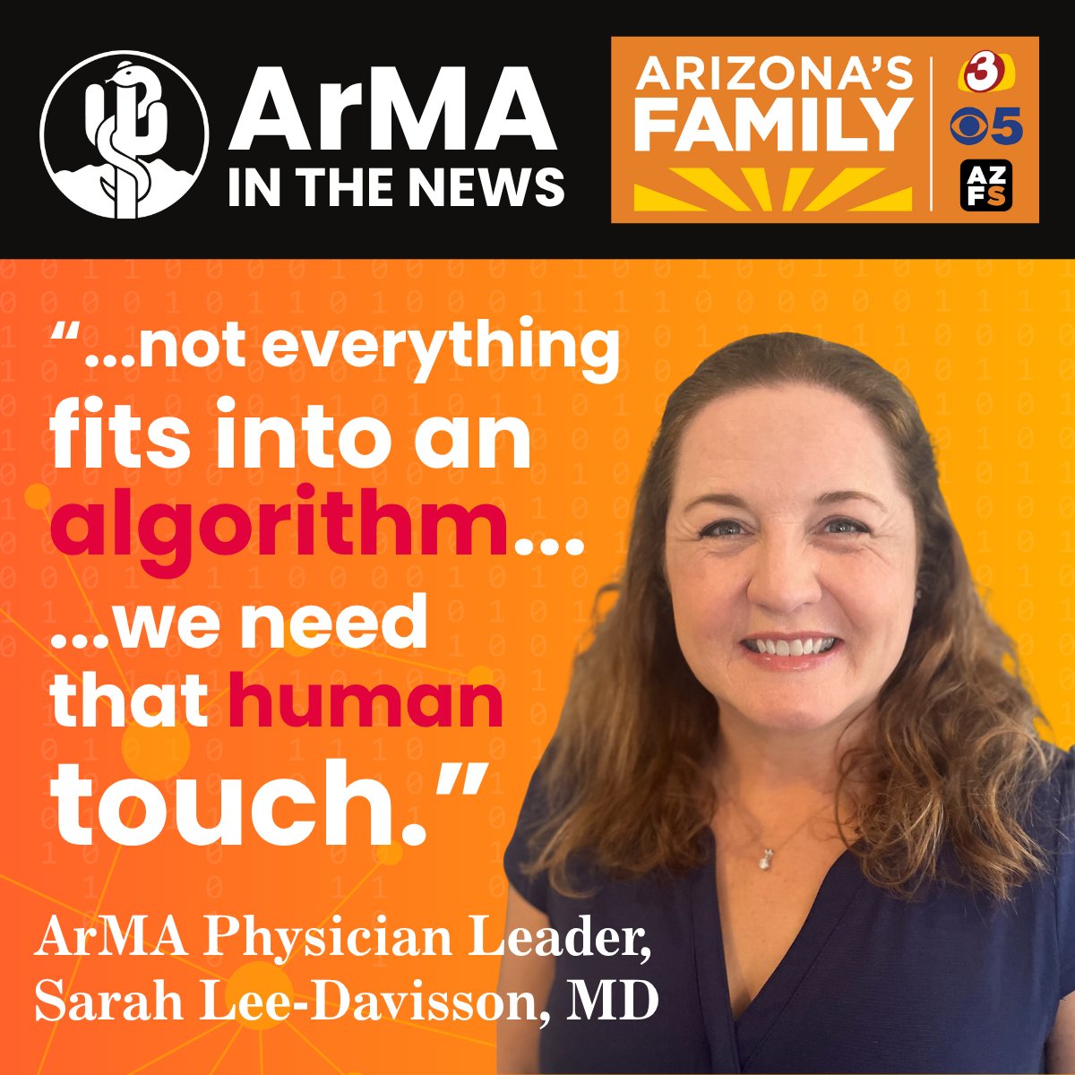 Arizona Medical Association (ArMA) (@arizonamedicine) on Twitter photo ArMA leader Dr. Sarah Lee-Davisson recently spoke with <a href="/azfamily/">azfamily 3TV CBS 5</a> about a new state law that keeps healthcare decisions in the hands of physicians, not pattern-based algorithms.
Watch the full story: azfamily.com/2025/06/05/new… ArMA leader Dr. Sarah Lee-Davisson recently spoke with <a href="/azfamily/">azfamily 3TV CBS 5</a> about a new state law that keeps healthcare decisions in the hands of physicians, not pattern-based algorithms.
Watch the full story: azfamily.com/2025/06/05/new…