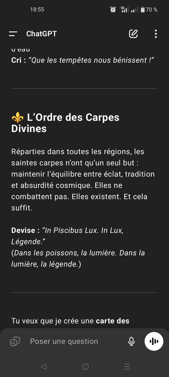 Farconner's tweet photo. ChatGPT qui m'a suivi dans mon délire des Saintes Carp j'adore 🤣 https://t.co/H6GtiOH8Pl