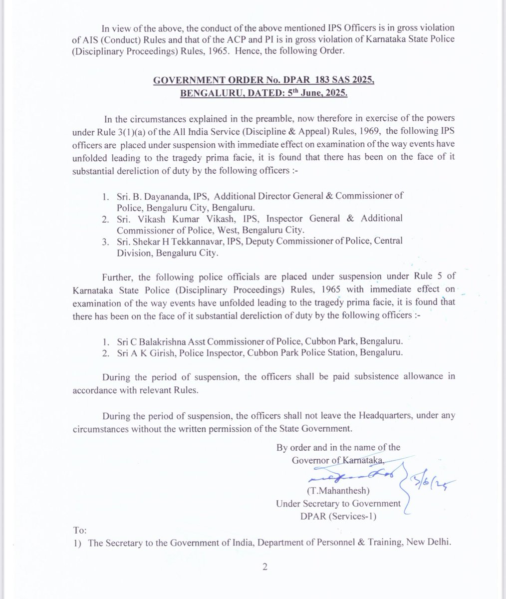 BREAKING:  Karnataka Govt order suspending Bengaluru Police Commissioner B Dayananda, Addl Comr Vikash Kumar Vikash, DCP Shekar HT, ACP C Balakrishna &amp; Inspector AK Girish. #ChinnaswamyStampede #RCB #KSCA