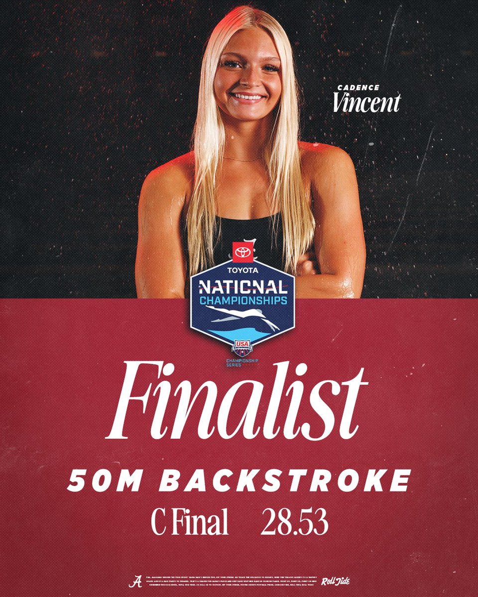 AlabamaSwimDive's tweet photo. With a PB time of 28.53, Cadence Vincent earns a spot in tonight’s 50m backstroke C final 🔥
#RollTide #BamaSpeed https://t.co/khLHDXatVx