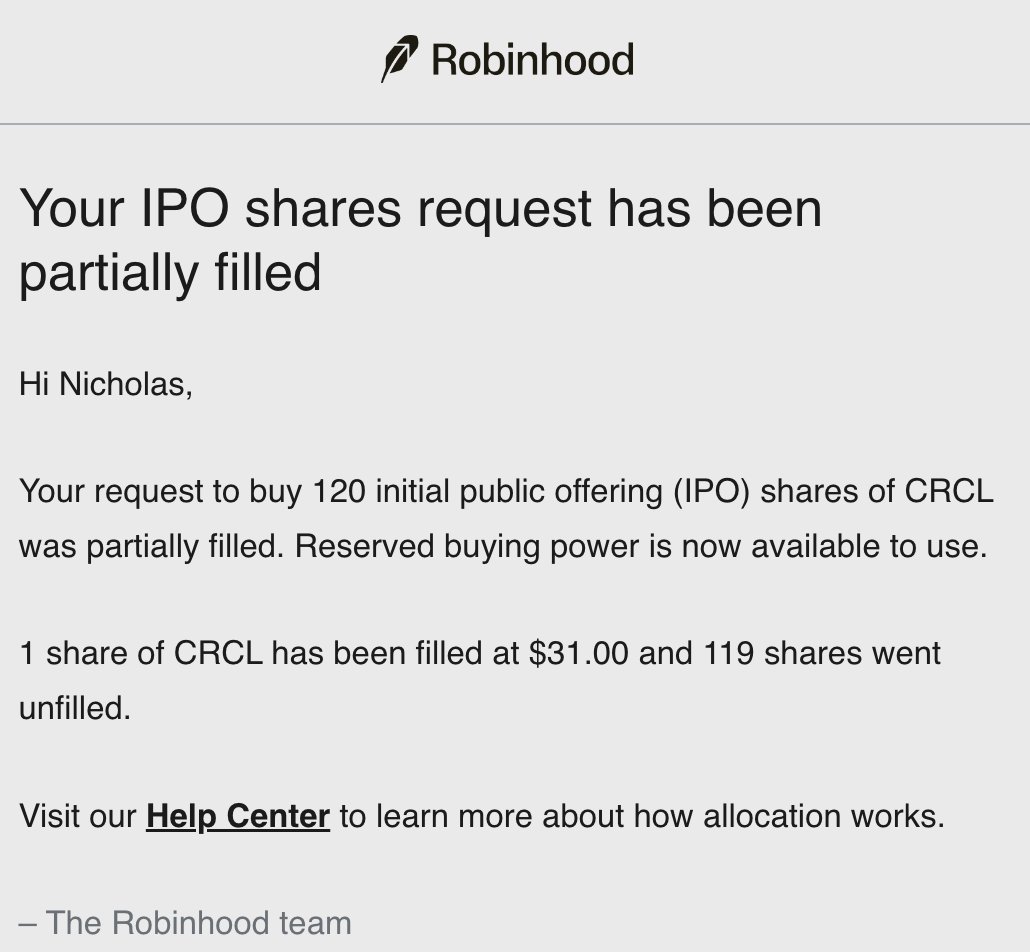 🚨 we actually did it 🚨 secured 1 (one) share in the $CRCL IPO through  Robinhood: 0.83% fill rate, flawless execution meanwhile in crypto: onchain  price discovery, transparent allocations, no middlemen tradfi