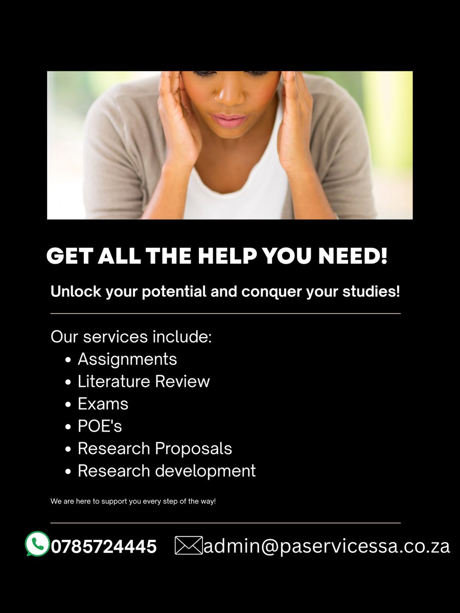 DonaldMakhasane's tweet image. We start and develop Assignments, Research reports and Literature reviews. โ
Yours is to review and submit ๐ฅ
Having too much on your plate has been simplified ๐
WhatsApp us now on: wa.me/27785724445โฆ or email admin@paservicessa.co.za