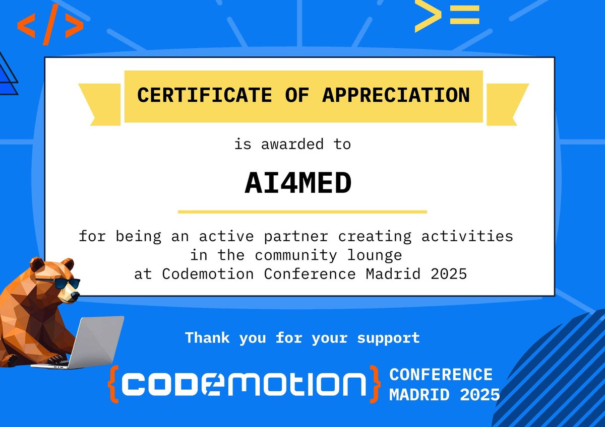 AI4MED (@ai4med) on Twitter photo 🏅 ¡Gracias <a href="/CodemoMadrid/">Codemotion Madrid</a>!
En AI4MED nos sentimos orgullosos de haber sido parte activa del Community Lounge en #CodemotionMadrid2025
La IA y la medicina siguen uniendo fuerzas 💡🧠
¡Seguimos! 💪
#AI4MED #HealthTech #IA 🏅 ¡Gracias <a href="/CodemoMadrid/">Codemotion Madrid</a>!
En AI4MED nos sentimos orgullosos de haber sido parte activa del Community Lounge en #CodemotionMadrid2025
La IA y la medicina siguen uniendo fuerzas 💡🧠
¡Seguimos! 💪
#AI4MED #HealthTech #IA