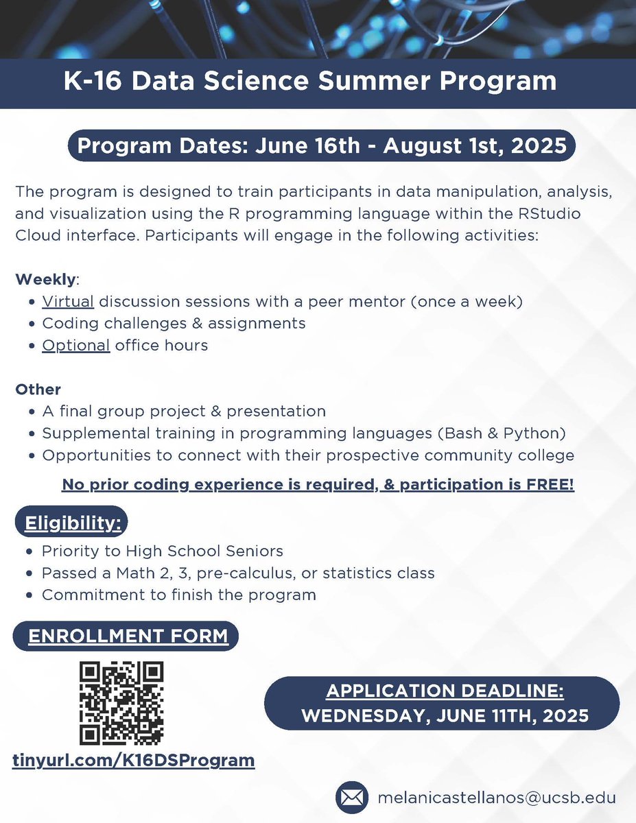High school juniors and seniors are invited to enroll in the K-16 Data Science Summer Program, where they will learn how to code in the R programming language, and no prior coding experience is needed. Enroll now: tinyurl.com/K16DSProgram