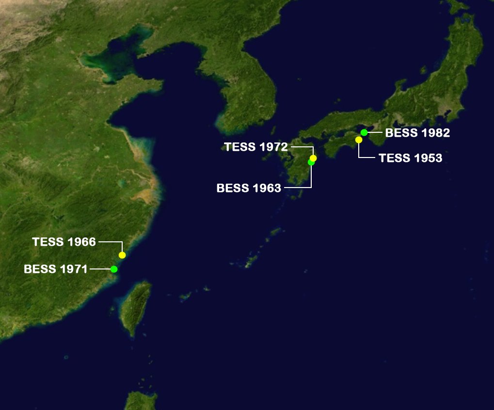 When you map out landfalls of an entire basin, you start noticing some very interesting coincidences.

Here's the case of typhoons "BESS and TESS" who never go anywhere without each other. Over the course of decades, their landfalls map out to 3 seperate clusters right next to
