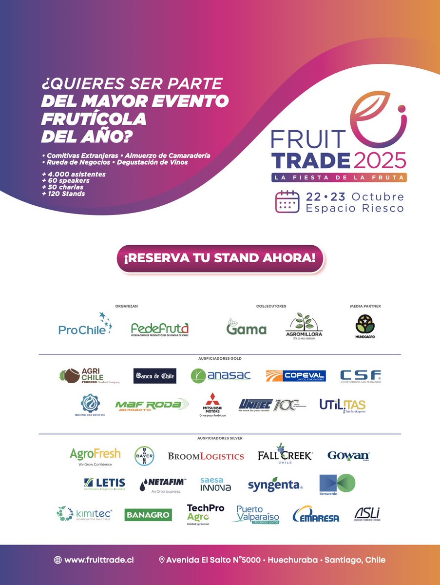 Te invitamos a ser uno de nuestros expositores en #FruitTrade2025 / 22 y 23 de octubre de 2025, en Espacio Riesco. 🍇 🍊 🫐 🍑 🍎 🍏 🍐 🍒 🥑 🥝 
▶️ Reserva tu stand en el siguiente link: forms.gle/8y27weS9YBoVsM…