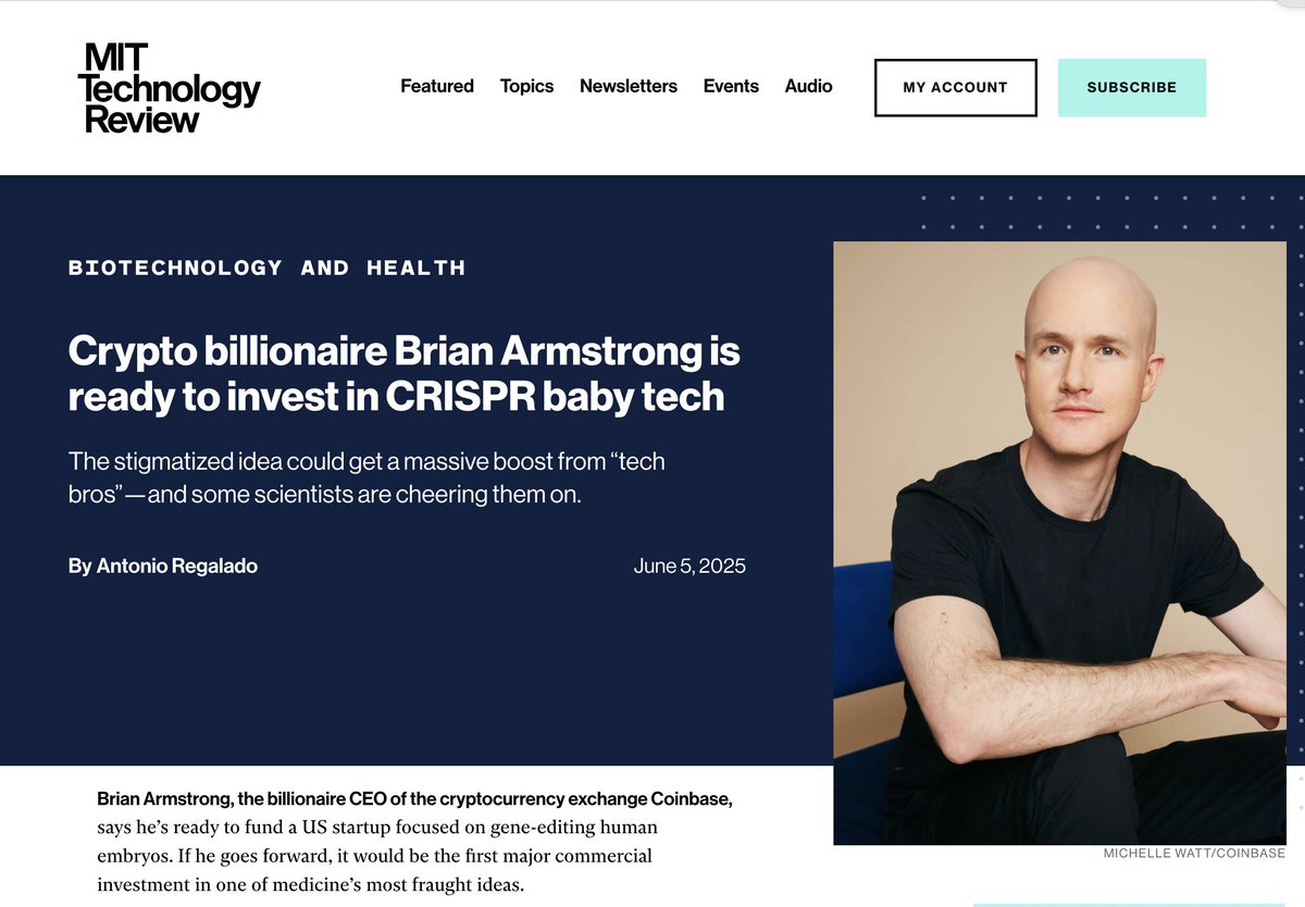 In the US, embryo editing is barely studied, making a CRISPR baby is prohibited, and there's no startups on the scene. Yet...gene-edit tech continues to advance. 

Now, billionaire Brian Armstrong says he's ready to fund the defining U.S. embryo-editing company. 👇