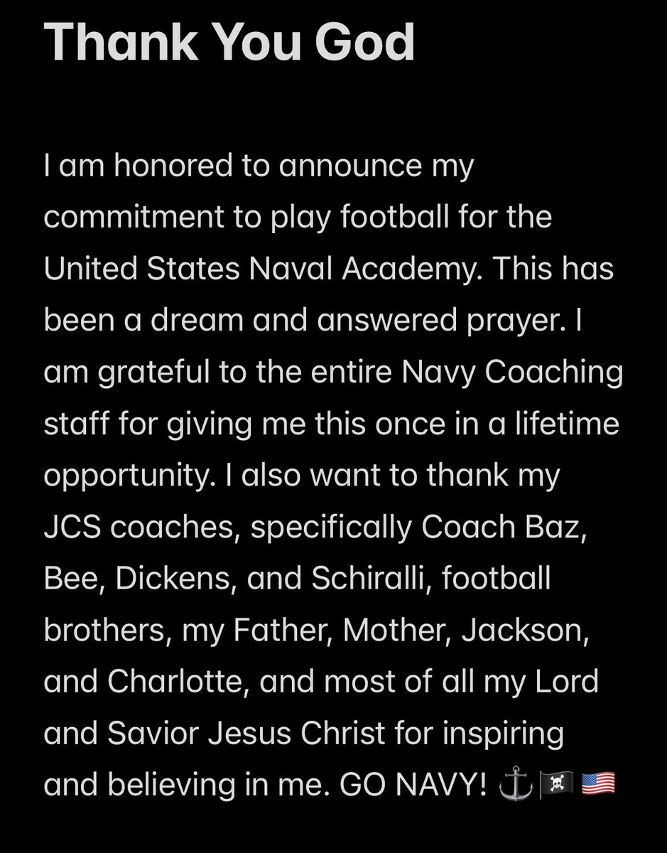 Cayden Alula (@caydenalula13) on Twitter photo #AGTG After great prayer and consideration, I am extremely blessed and honored to be able to announce my commitment to the U.S. Naval Academy!!! #GoNavy #RollGoats #26Goated
<a href="/CoachBaz561/">Coach Baz 🇭🇹</a> <a href="/CoachWimberly/">Brent W.</a> <a href="/JCSEaglesFB/">JCS Football</a> <a href="/NavyCoachYo/">Mick Yokitis</a> <a href="/NavyFBrecruit/">Navy Football Recruiting</a> <a href="/CoachBee561/">Coach Bee 🇭🇹</a> <a href="/Astallion85/">Adam Wilder</a> #AGTG After great prayer and consideration, I am extremely blessed and honored to be able to announce my commitment to the U.S. Naval Academy!!! #GoNavy #RollGoats #26Goated
<a href="/CoachBaz561/">Coach Baz 🇭🇹</a> <a href="/CoachWimberly/">Brent W.</a> <a href="/JCSEaglesFB/">JCS Football</a> <a href="/NavyCoachYo/">Mick Yokitis</a> <a href="/NavyFBrecruit/">Navy Football Recruiting</a> <a href="/CoachBee561/">Coach Bee 🇭🇹</a> <a href="/Astallion85/">Adam Wilder</a>