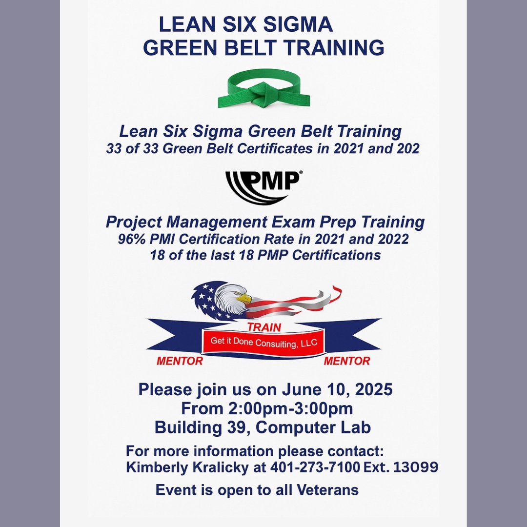 VAProvidence's tweet image. Lean Six Sigma &amp;amp; PMP Info Session: June 10, 2025. Boost your resume with proven credentials! Join us 2-3 PM at Building 39, Computer Lab. Open to all Veterans. Contact Kimberly Kralicky: (401) 273-7100 ext. 13099. #VAProvidence #VeteranTraining #LeanSixSigma #PMP #CareerReady