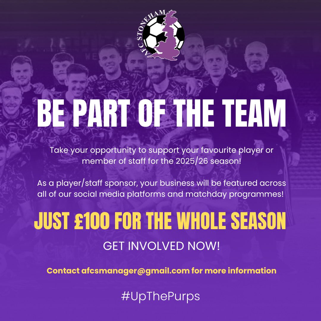 AFC Stoneham (@afc_stoneham) on Twitter photo 📣 Sponsor a Player or Staff Member for the 2025/26 Season! 🙌
For just £100, your business can be part of the AFC Stoneham family 💜
Gain exposure across our socials & matchday programmes ⚽
🔗 Get involved: afcsmanager@gmail.com
#UpThePurps #NonLeagueFootball 📣 Sponsor a Player or Staff Member for the 2025/26 Season! 🙌
For just £100, your business can be part of the AFC Stoneham family 💜
Gain exposure across our socials & matchday programmes ⚽
🔗 Get involved: afcsmanager@gmail.com
#UpThePurps #NonLeagueFootball