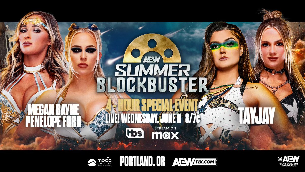 Tony Khan (@tonykhan) on Twitter photo #AEWSummerBlockbuster
8pm ET/7pm CT
This Wed, 6/11
<a href="/meganbayne/">MEGAN BAYNE ⚡️ メーガン・ベーン</a>/<a href="/thePenelopeFord/">Penelope Ford</a>
vs
TayJay
After @TayMelo returned to save <a href="/annajay___/">Anna Jay</a> from her nemeses Megan and Penelope,
Bayne + Ford will fight vs
Tay + Anna,
teaming as TayJay for the first time in over 2 years THIS WEDNESDAY! #AEWSummerBlockbuster
8pm ET/7pm CT
This Wed, 6/11
<a href="/meganbayne/">MEGAN BAYNE ⚡️ メーガン・ベーン</a>/<a href="/thePenelopeFord/">Penelope Ford</a>
vs
TayJay
After @TayMelo returned to save <a href="/annajay___/">Anna Jay</a> from her nemeses Megan and Penelope,
Bayne + Ford will fight vs
Tay + Anna,
teaming as TayJay for the first time in over 2 years THIS WEDNESDAY!