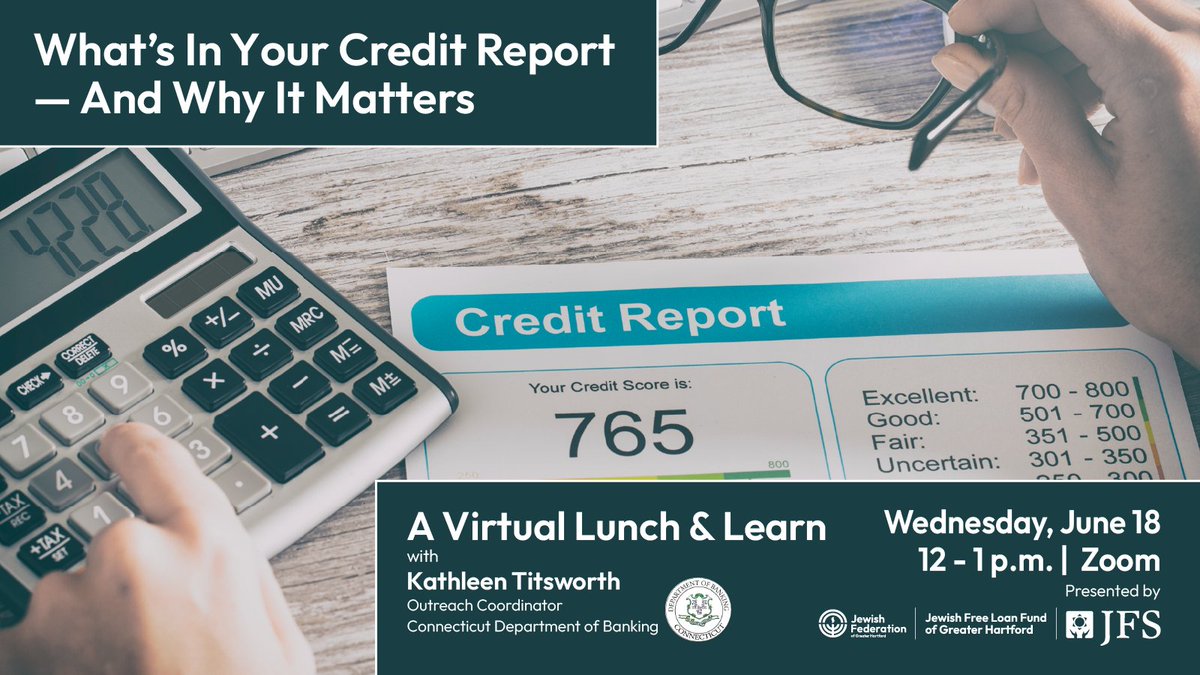 📊 Your credit report affects everything from renting to job offers — but do you really know what’s in it? Join us on June 18 for a free Zoom Lunch &amp; Learn with Kathleen Titsworth to learn how to read and protect it. Register: jewishhartford.org/yourcreditrepo…