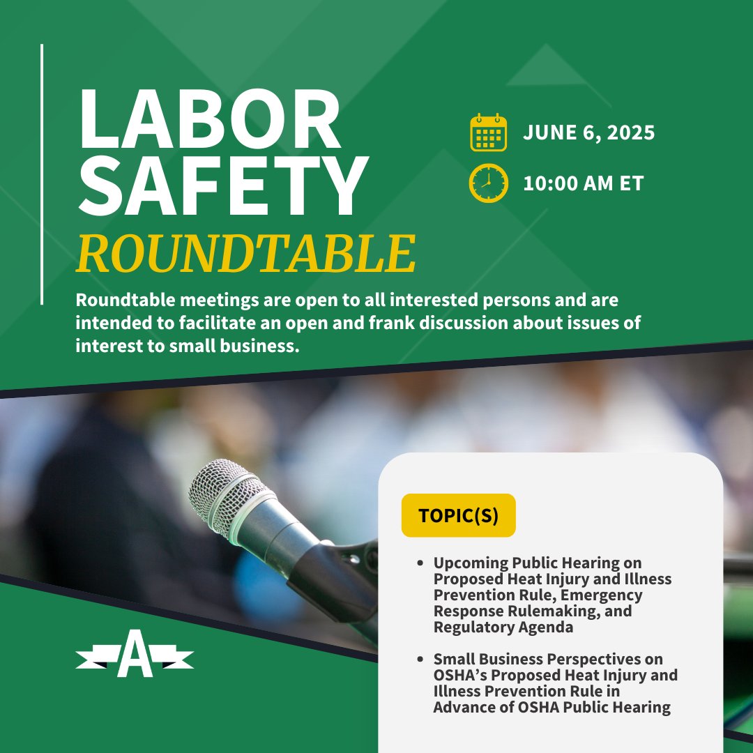 🕙 Join us as we discuss updates on a variety of labor safety topics in our next virtual roundtable, tomorrow, June 6th, and 10 AM ET, hosted by Bruce Lundegren <a href="/AdvocacySBA/">Office of Advocacy</a>.

Register to attend 👉 ow.ly/iEkY50W4gzl.