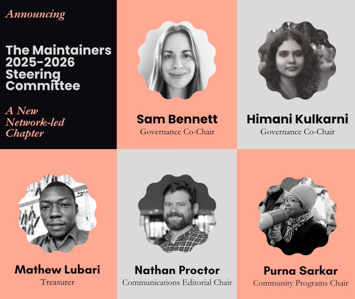 Meet the 2025–26 Interim Maintainers Steering Committee: Himani Kulkarni, Sam Bennett, Mathew Lubari, Nathan Proctor &amp; Purna Sarkar! They’ll lead The Maintainers into a new, network-led chapter starting Aug 1, 2025. So much gratitude &amp; excitement! 💛🛠️