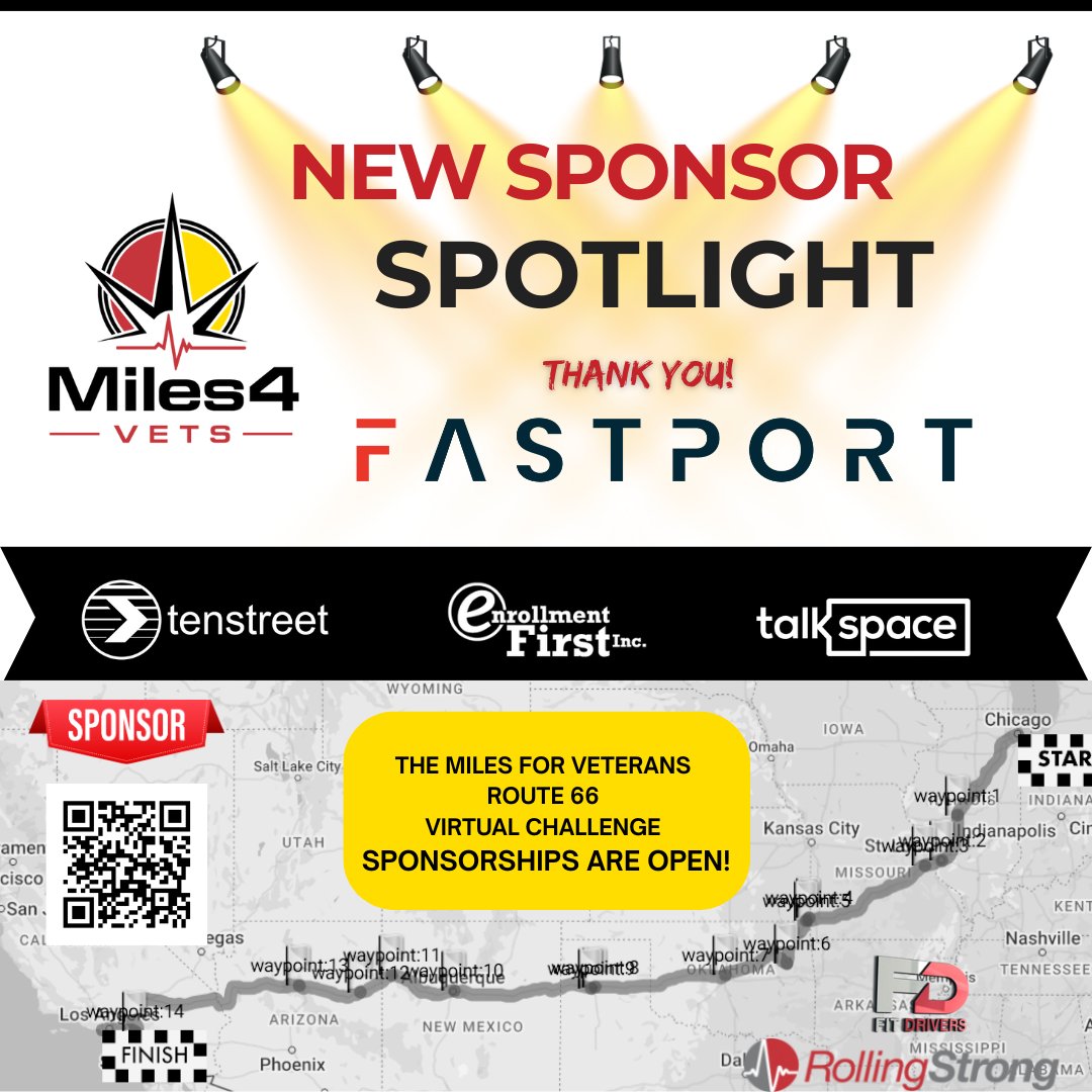 We’re thrilled to announce that <a href="/gofastport/">FASTPORT</a> is joining us as a sponsor for Miles for Veterans Rt 66 Virtual Challenge joining <a href="/tenstreet/">Tenstreet</a>, @enrollment1st &amp; <a href="/talkspace/">talkspace</a>.  Thank you all! 
Please help sponsor: bit.ly/M4VSponsor  Join the walk: bit.ly/M4V