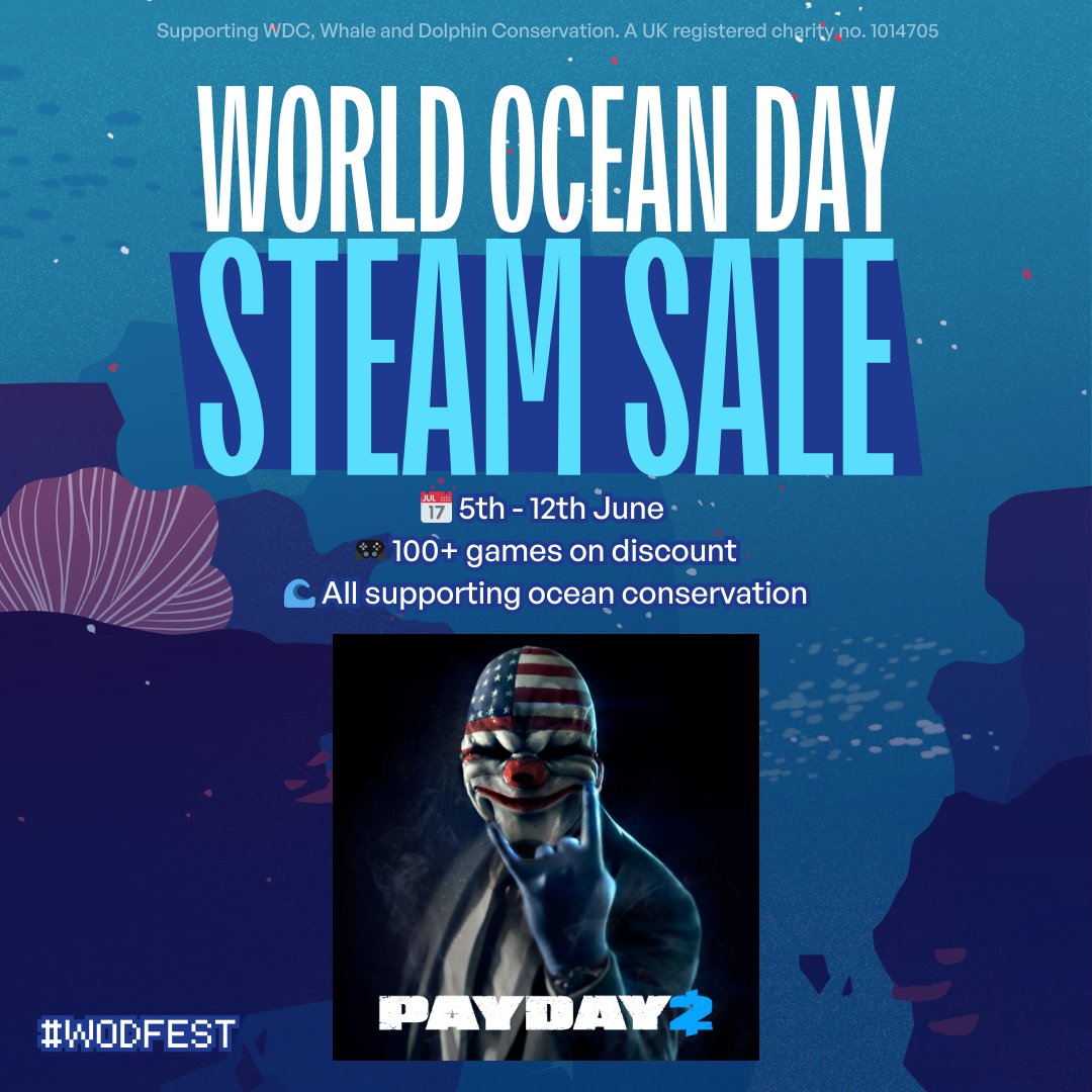 The WDC World Ocean Day Sale starts NOW &amp; runs until 12th June with some fin-tastic prices!
PAYDAY 2 - 67% off
PD:TH - 90% off
RAID: WW2 - 67% off

10% of sales will go directly to the work that WDC does, so buy games and help the whales and dolphins🐳🐬hs.paydaythegame.com/rfU550W4YG0