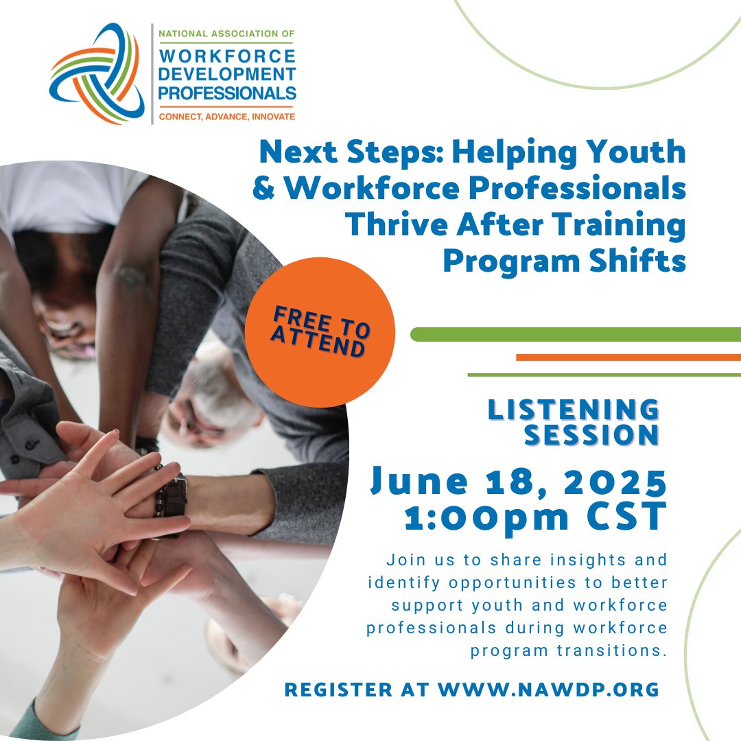 As training programs shift and restructure, how can we as a workforce community step in to strengthen the safety net? Join us for "Next Steps: Helping Youth and Workforce Professionals Thrive After Training Program Transitions" from 1-2:30 pm CT, 6/18.
nawdp.org/DigitalLearning