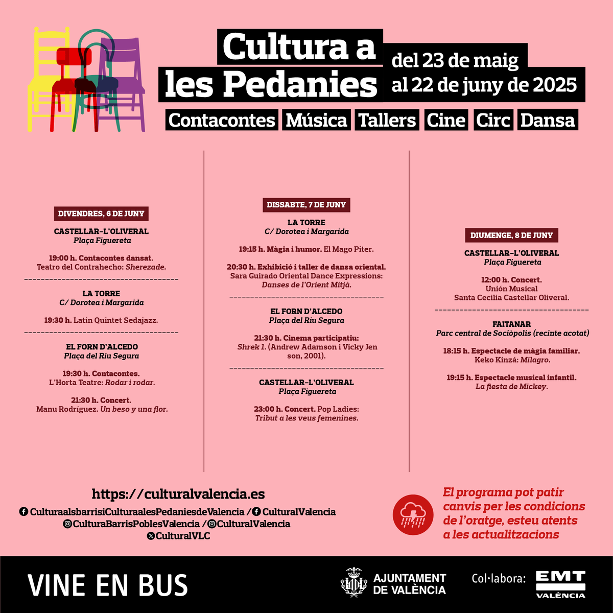 AjuntamentVLC's tweet photo. 🎶 Música, dansa 🩰, màgia 🪄, teatre🎭, cinema🎞️...

Un cap de setmana ple de propostes als #PoblesdelSud de #València ▶️ #Castellar-l'#Oliveral, #laTorre, #ForndAlcedo i #Faitana, s'omplin de #CulturaALesPedanies.

🙌 T'esperem! https://t.co/r8I7ePFvdU