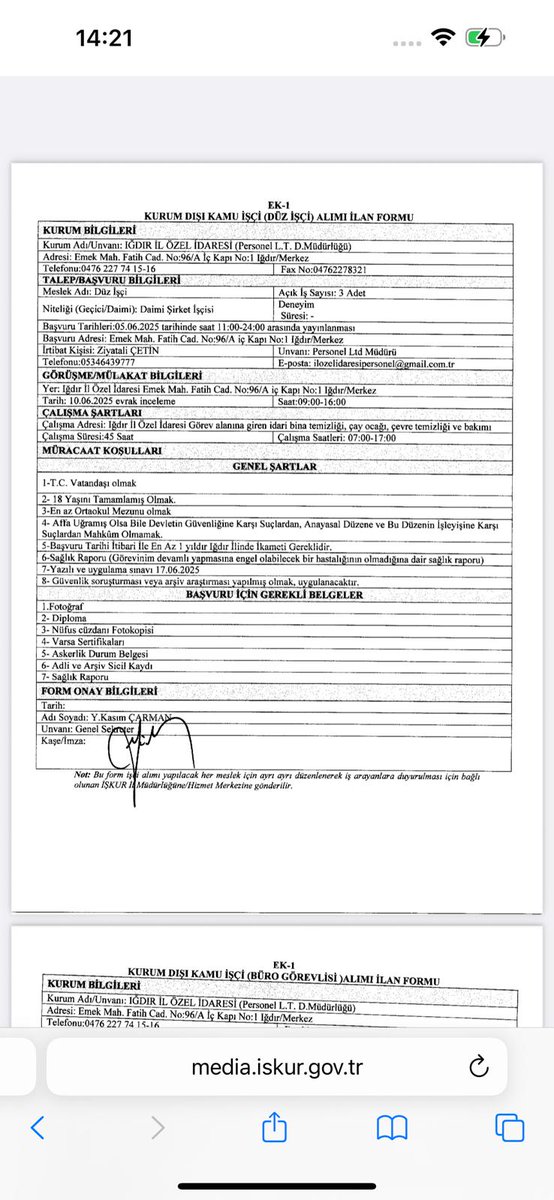 Mesai saatleri dışında ilan açan yönetim sağlık raporu şartı koyuyor evrak eksik olduğu zamanda başvuruyu kabul etmiyor kimler bir kaç gün önceden evrak hazırladı herkes biliyor <a href="/igdiraktuel/">Iğdır Aktüel</a> <a href="/Akparti/">AK Parti</a> <a href="/canturkalagoz/">Cantürk Alagöz</a> <a href="/ayyildiz122376/">TÜRK KIZI 🤘🤘🇹🇷🇦🇿</a> <a href="/RTErdogan/">Recep Tayyip Erdoğan</a>