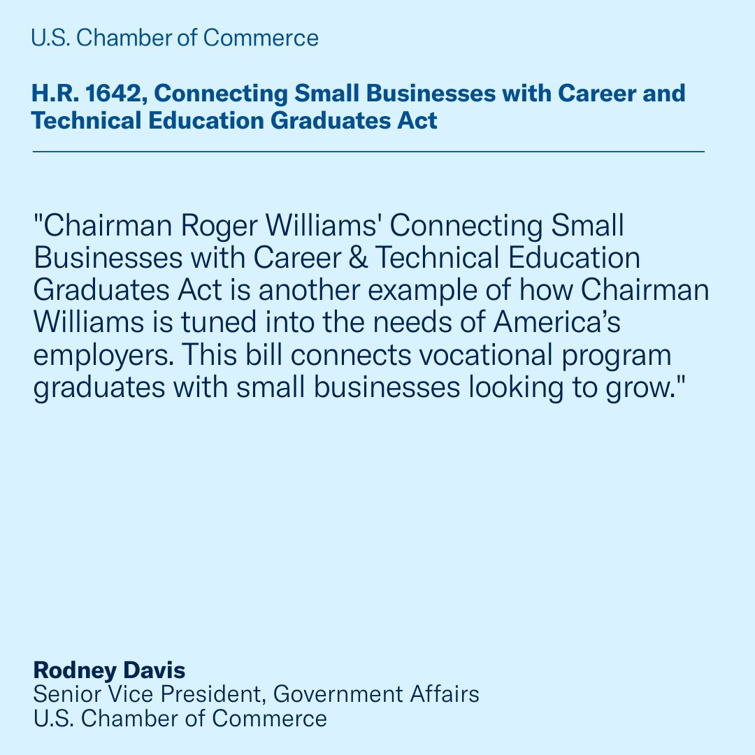 U.S. Chamber (@uschamber) on Twitter photo 94% of small business owners believe that trade school graduates are prepared for employment, according to the latest MetLife & U.S. Chamber of Commerce Small Business Index.
The U.S. Chamber of Commerce applauds <a href="/RepRWilliams/">Rep. Roger Williams</a> for passage of the Connecting Small Businesses with 94% of small business owners believe that trade school graduates are prepared for employment, according to the latest MetLife & U.S. Chamber of Commerce Small Business Index.
The U.S. Chamber of Commerce applauds <a href="/RepRWilliams/">Rep. Roger Williams</a> for passage of the Connecting Small Businesses with