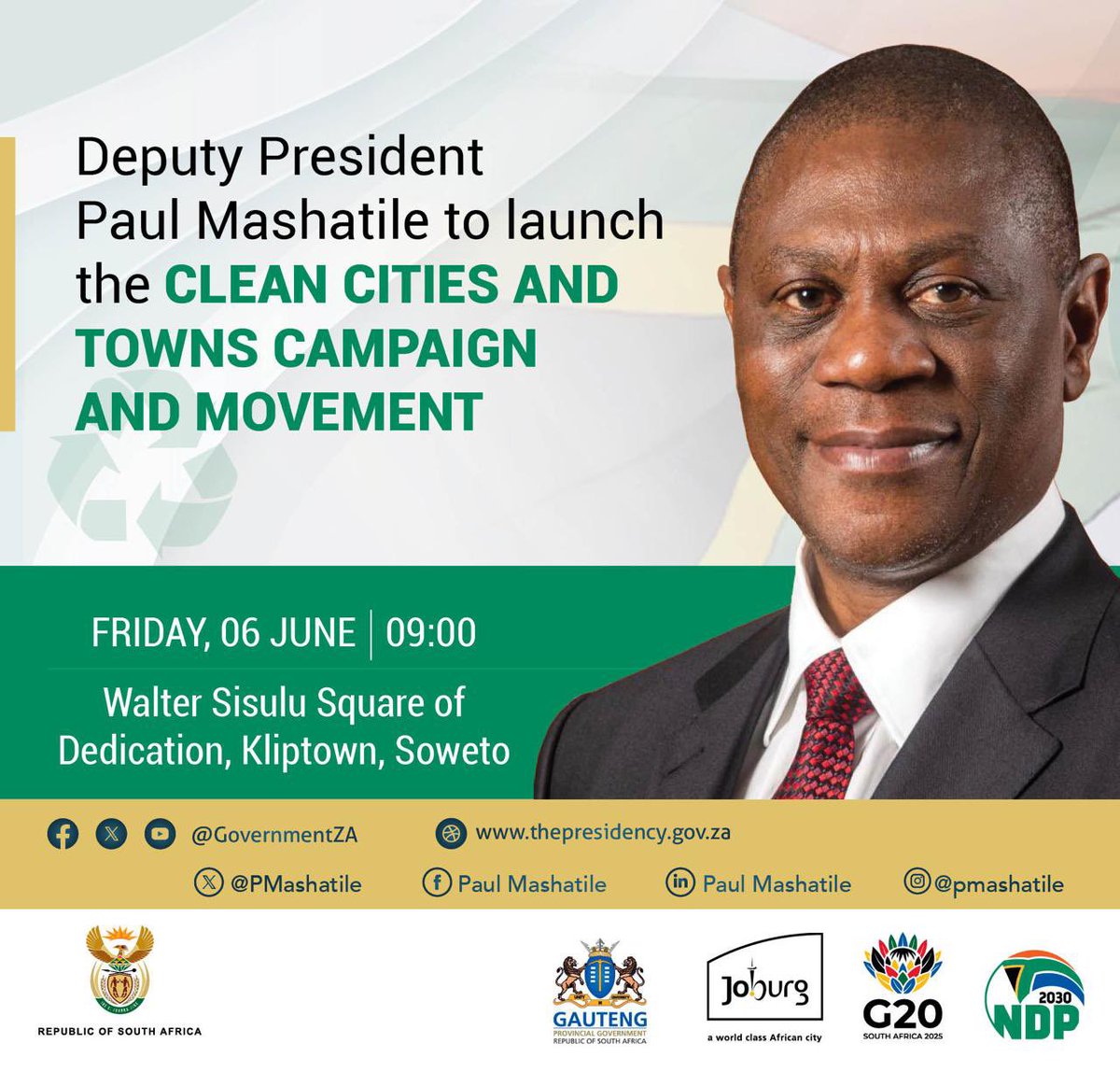 Tomorrow, I will be launching the Clean Cities and towns campaign in Soweto, the Gauteng Province. This campaign is a nationwide initiative aimed at fostering cleaner, greener, and more inclusive urban spaces, while advancing sustainability, equality, and solidarity among all
