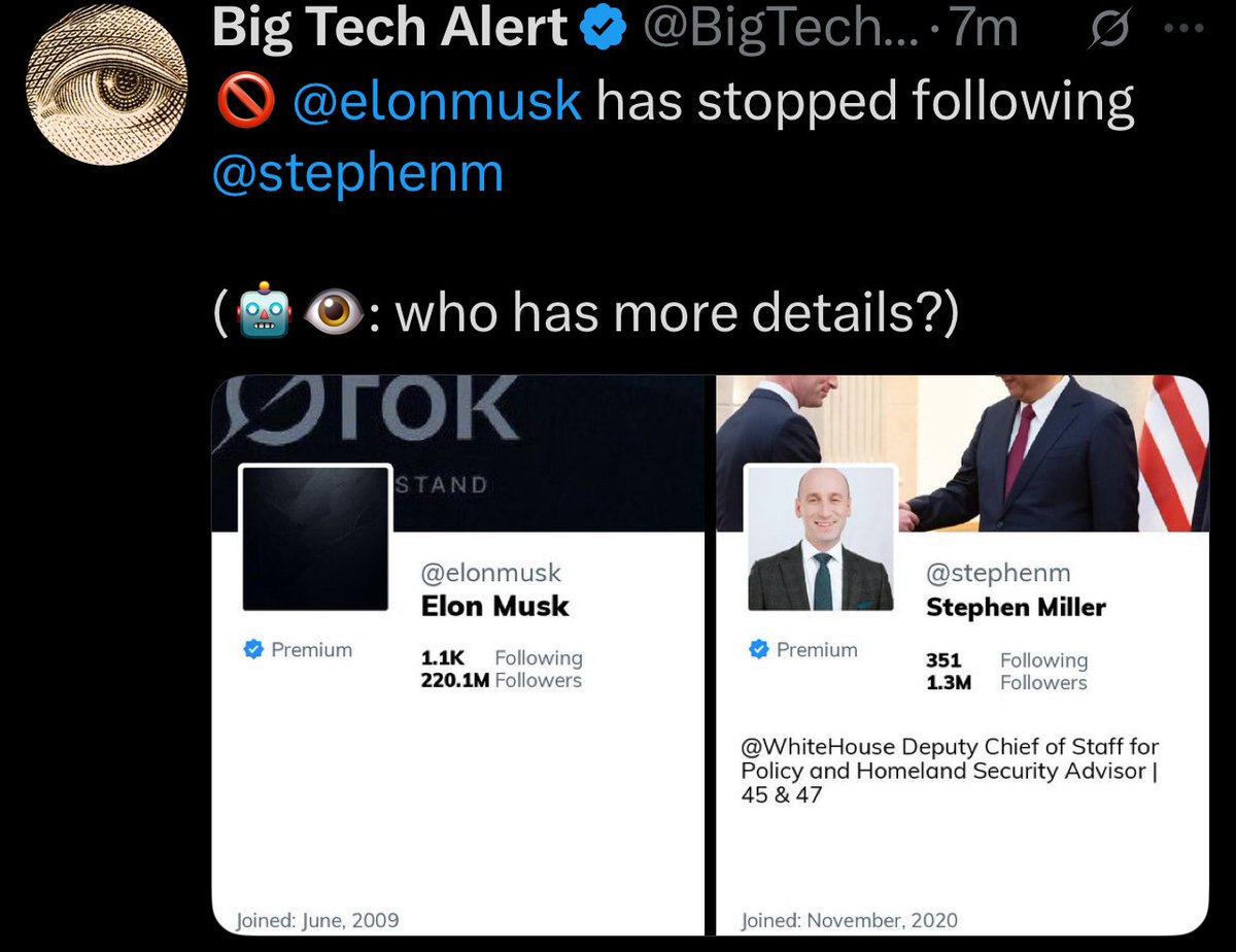 Elon has now stopped following Stephen Miller. 🤔