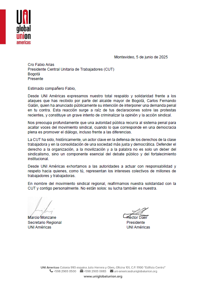 🇨🇴Desde UNI Américas expresamos nuestra total solidaridad con <a href="/fabioariascut/">Fabio Arias Giraldo</a> y la <a href="/cutcolombia/">Central Unitaria de Trabajadores</a> frente a los ataques del alcalde de Bogotá.

✊🏼Defender la protesta y la organización no es un delito, es democracia.