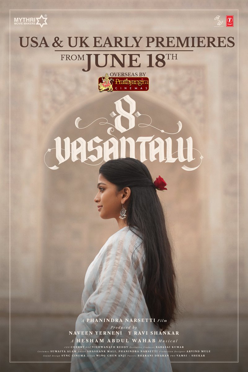 PrathyangiraUS's tweet photo. #8Vasantalu
Early Premieres in USA &amp; UK from June 18th 🎬
First ever Indian film to premiere 2 days early in the UK! 🇬🇧
Overseas release by @PrathyangiraUS https://t.co/FMvq35brMX