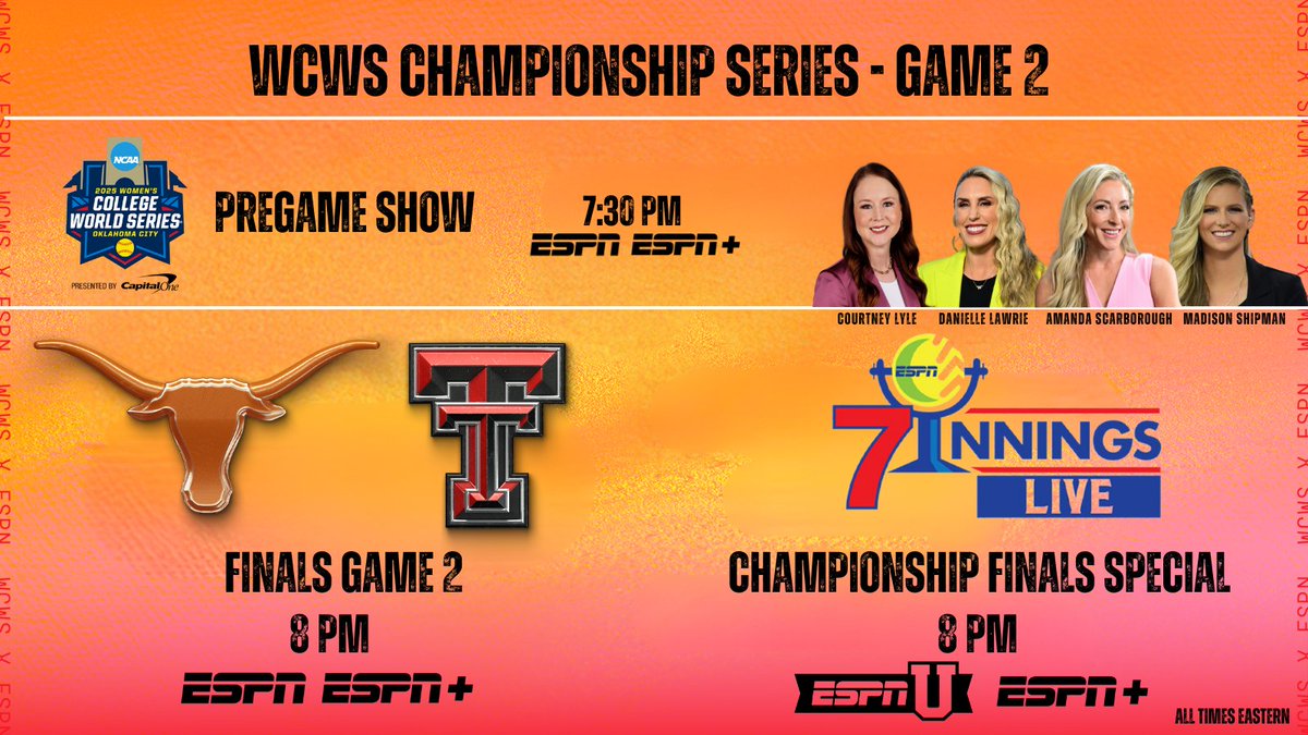 ESPN PR (@espnpr) on Twitter photo Thursday, a first-time #WCWS Champion may be crowned!
Game 2 of the '25 Champ Series continues across ESPN
🥎 7:30p | NCAA WCWS Pregame Show
🥎 8p | <a href="/TexasSoftball/">Texas Softball</a> vs <a href="/TexasTechSB/">Texas Tech Softball</a>
🥎 8p | 7Innings Live: Championship Finals Special
All times ET | #NCAASoftball Thursday, a first-time #WCWS Champion may be crowned!
Game 2 of the '25 Champ Series continues across ESPN
🥎 7:30p | NCAA WCWS Pregame Show
🥎 8p | <a href="/TexasSoftball/">Texas Softball</a> vs <a href="/TexasTechSB/">Texas Tech Softball</a>
🥎 8p | 7Innings Live: Championship Finals Special
All times ET | #NCAASoftball