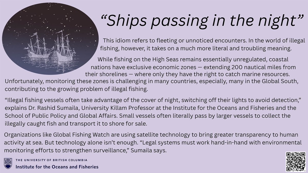 UBCoceans's tweet photo. "Ships passing in the night" refers to fleeting or unnoticed encounters. In the world of illegal fishing, however, it takes on a much more literal and troubling meaning. 
#WorldOceansDay #illegalfishing #StopIUUfishing
@DrRashidSumaila @GlobalFishWatch https://t.co/zsEU92fYi5
