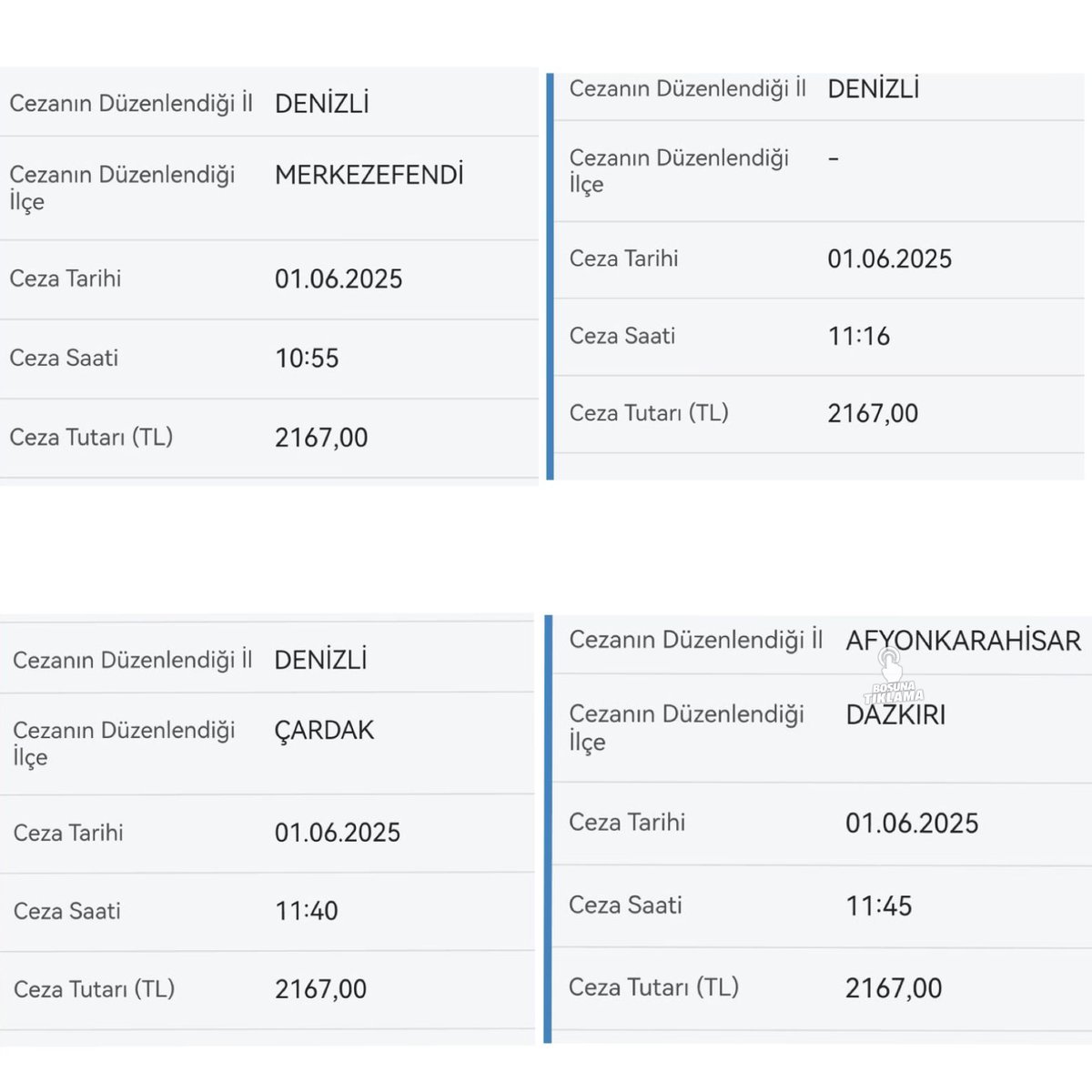 Bir vatandaş, 50 dakikada yazılan 4 radar cezasını paylaştı.

• Toplam ceza tutarı: 8.668 TL.