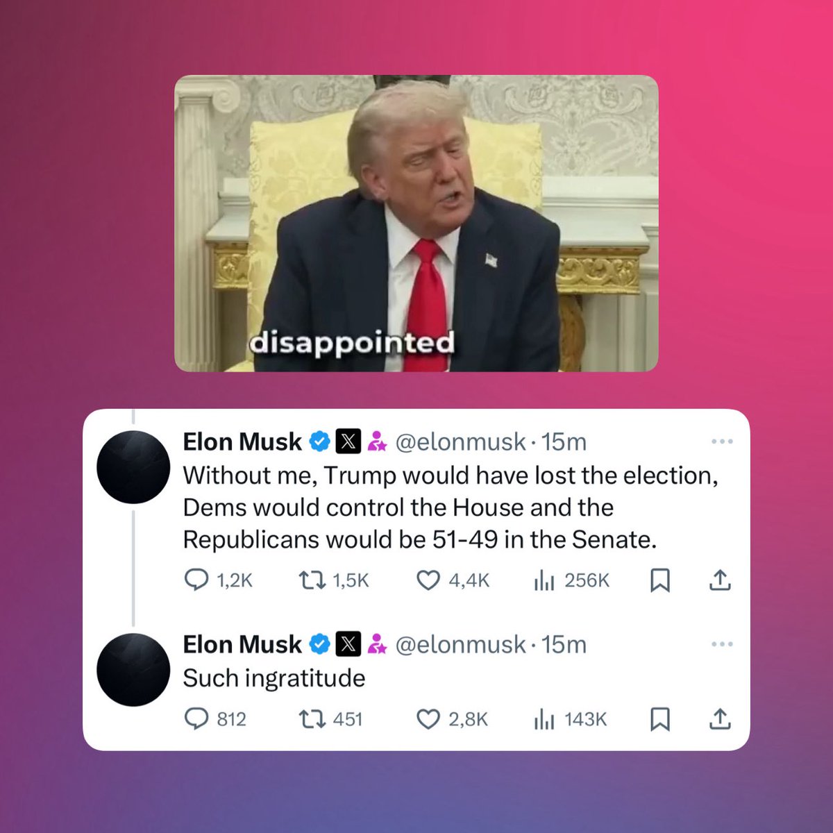 🚨 È scontro tra Musk e Trump: il primo ha definito disgustosa la legge “One Big Beautiful Bill” voluta da Trump, che secondo Musk aumenterebbe il debito pubblico.

Trump dice di essere deluso da Musk. Musk risponde che senza di lui, Trump non avrebbe vinto le elezioni. 🍿