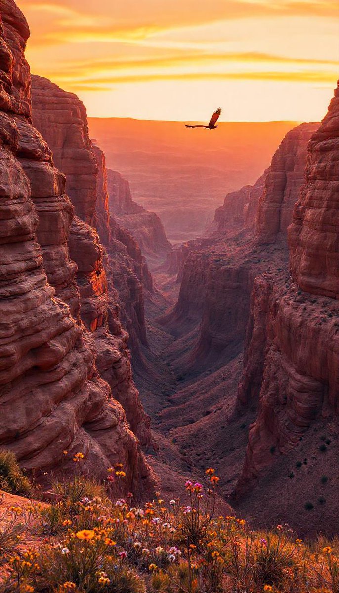 AIMakerProBest's tweet photo. A majestic desert canyon at sunrise, layers of red rock glowing with golden light, wildflowers blooming between stone cracks, a single eagle soaring in the orange-pink sky  #aimakerpro #aiart #bestaitools #aiimage #viralpost #aiforbusiness https://t.co/ppybyrIT8q