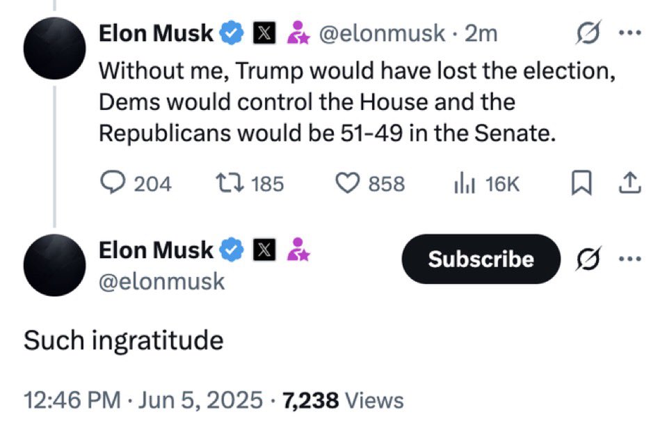 Elon Musk, Trump'a cevap verdi: 

"Ben olmasaydım, Trump seçimi kaybederdi. Demokratlar, Temsilciler Meclisi'ni kontrol ederdi ve Cumhuriyetçiler Senato'da 51-49 olurdu. Ne nankörlük."