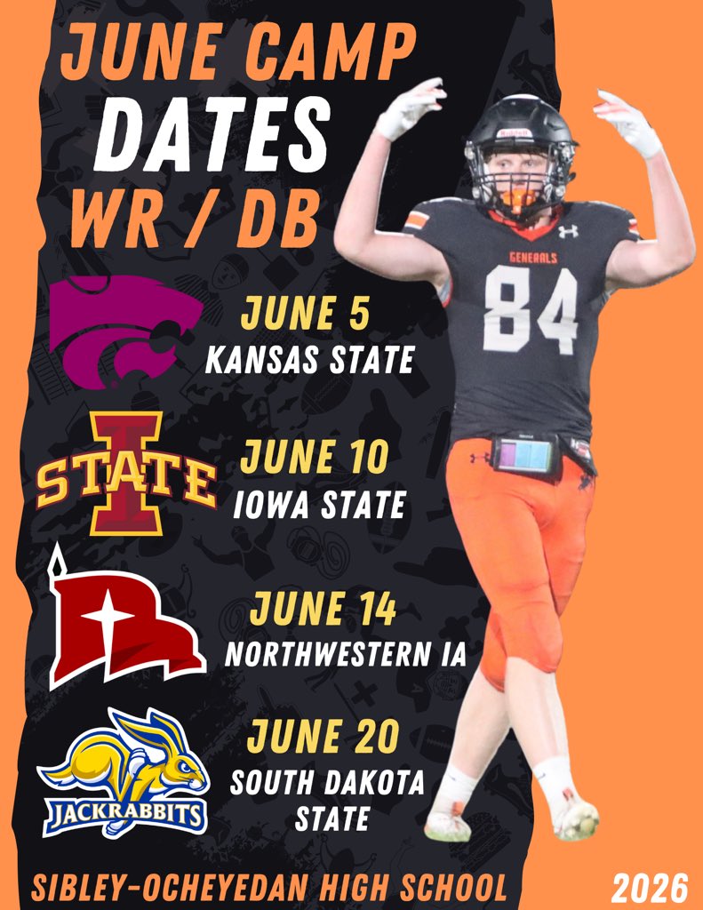 DawsonKreykes's tweet image. 🏈 June Camp Schedule 🏈
- June 5 @KStateFB
- June 10 @CycloneFB
- June 14 @nwc_fb
- June 20 @GoJacksFB