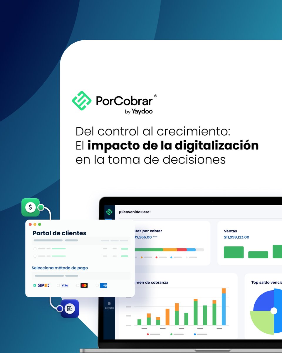 Digitalizar no es solo automatizar, es fortalecer la toma de decisiones.

Con PorCobrar®, los equipos financieros tienen visibilidad de ingresos y cobros, controlan todo en tiempo real y toman decisiones basadas en datos. Da el siguiente paso en digitalización.