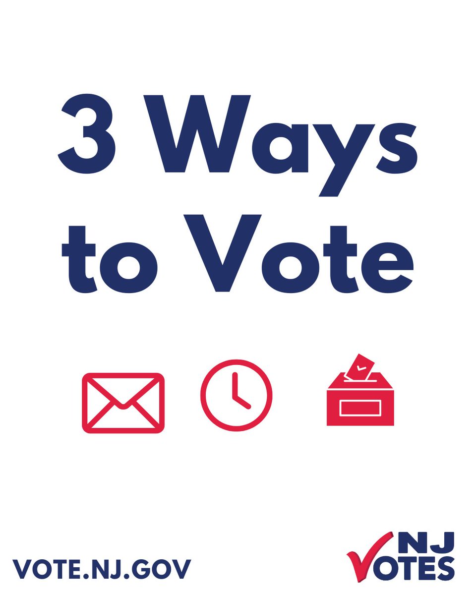 NJ_Votes's tweet image. Planning to vote in the 2025 Primary Election? NJ Voters have 3 ways to vote:
1. At your polling place on Election Day (from 6am to 8pm)
2. In-person early voting
3. Vote by mail
For more info, visit Vote.NJ.Gov. #NJVotes