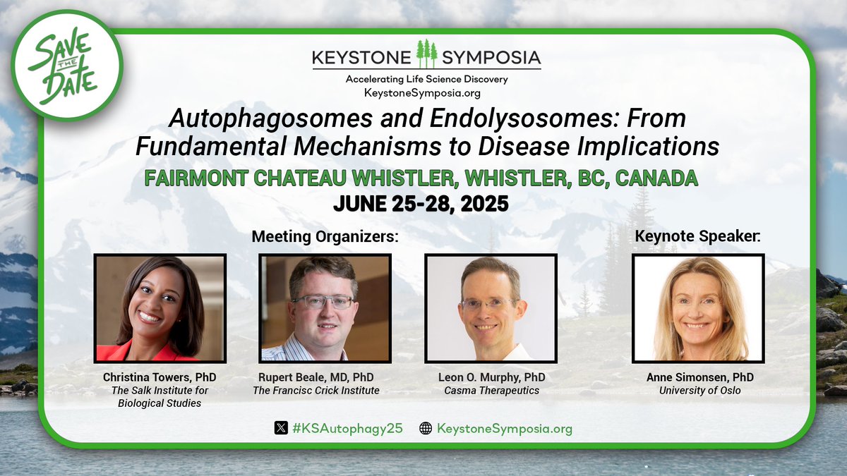 Keystone Symposia (@keystonesymp) on Twitter photo Registration is still OPEN for #KSAutophagy25! 🧬
Join <a href="/ChristieTowers/">Christie Towers, PhD</a> + top researchers June 25–28 in Whistler, BC to explore autophagy & endolysosomal pathways in health + disease.
🔗 hubs.la/Q03p-xp80
#autophagy #lysosome #cellbiology #endolysosomes #KSAutophagy25 Registration is still OPEN for #KSAutophagy25! 🧬
Join <a href="/ChristieTowers/">Christie Towers, PhD</a> + top researchers June 25–28 in Whistler, BC to explore autophagy & endolysosomal pathways in health + disease.
🔗 hubs.la/Q03p-xp80
#autophagy #lysosome #cellbiology #endolysosomes #KSAutophagy25