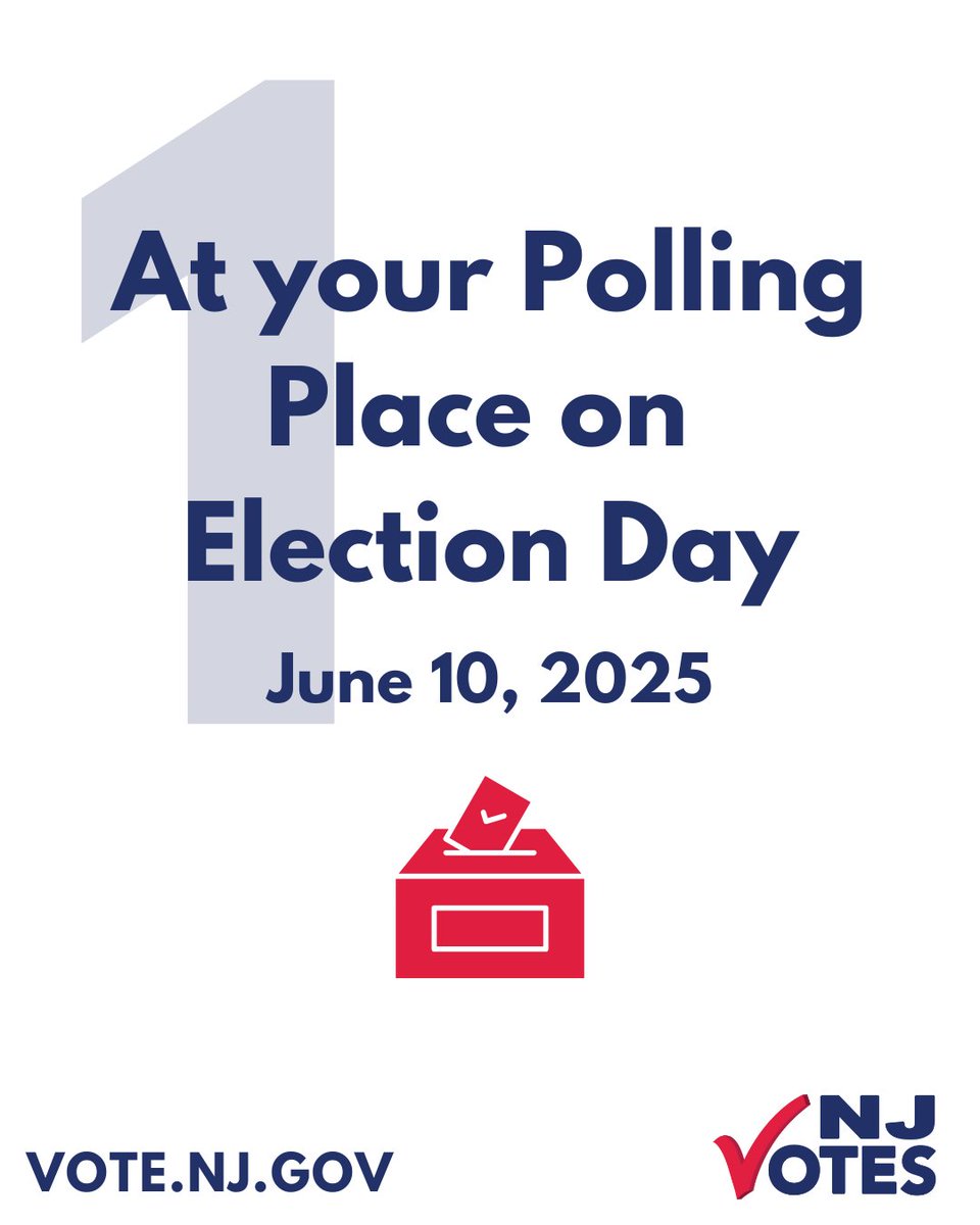 NJ_Votes's tweet image. Planning to vote in the 2025 Primary Election? NJ Voters have 3 ways to vote:
1. At your polling place on Election Day (from 6am to 8pm)
2. In-person early voting
3. Vote by mail
For more info, visit Vote.NJ.Gov. #NJVotes