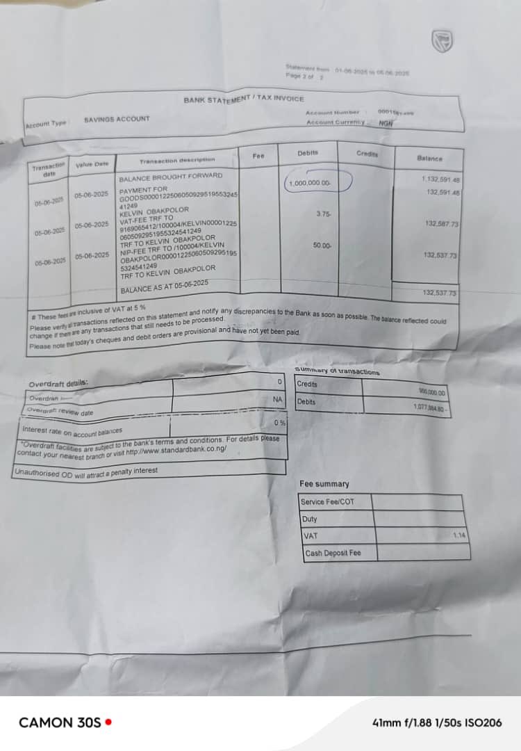 I_Avas's tweet photo. @StanbicIBTC, WHY ARE YOU QUIET?

How did ₦1,000,000 vanish from the account of Mrs. Jackson-Akhigbe Nneka Nneamaka without her initiating a transaction?

This is not a technical glitch. This is theft. A breach of trust. And you are yet to provide any solution. Fraud 
1/ https://t.co/NNdlckf0i8