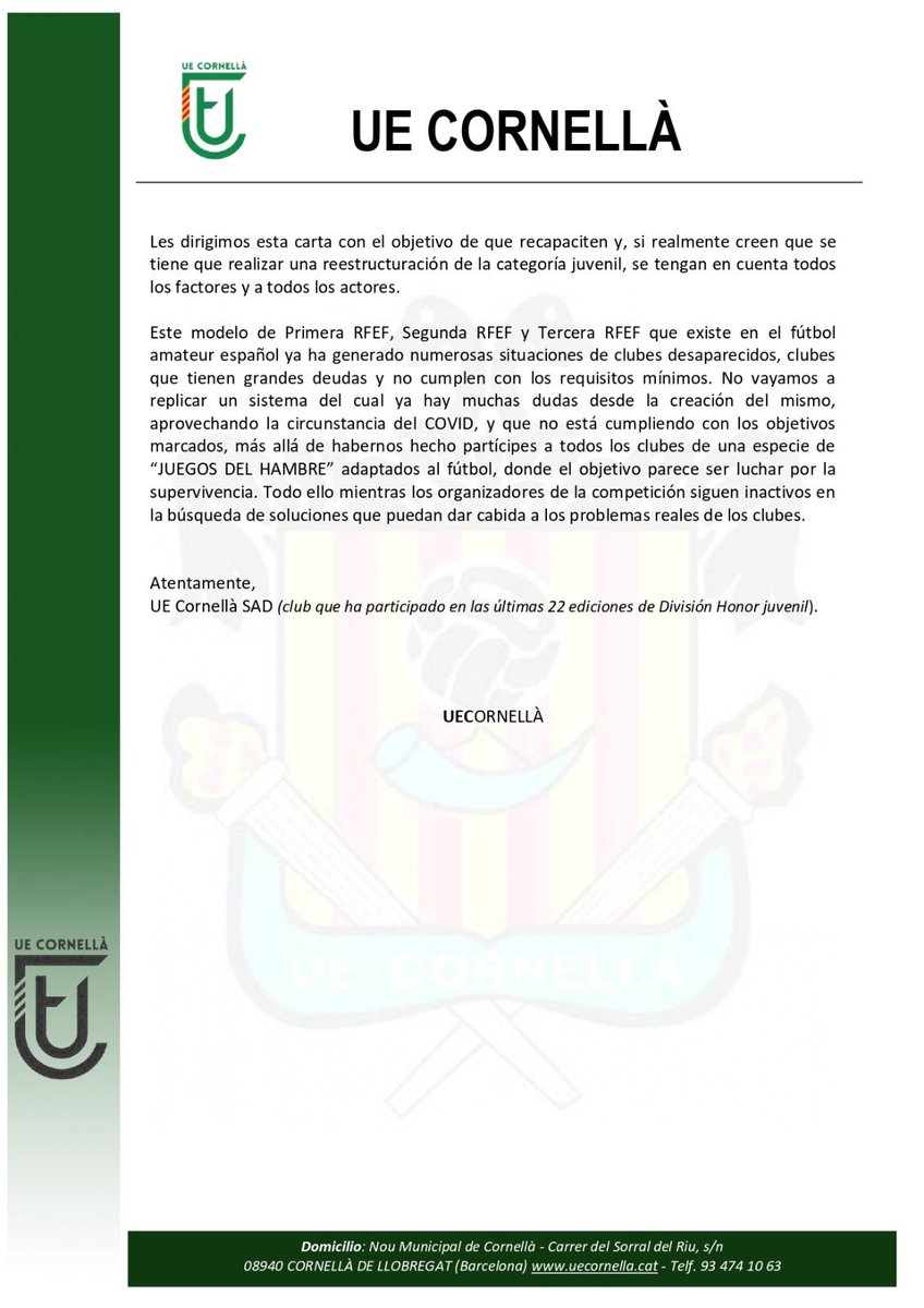 ue_cornella's tweet photo. ℹ️ Ante la encuesta realizada por parte de la @rfef sobre la opción de un nuevo formato en la División de Honor juvenil, en el que se ha dado un plazo de 24h para responder, la #UECornellà quiere manifestar su postura: 

#Ambelverdalcor 💚 https://t.co/yQ84rkzxVj