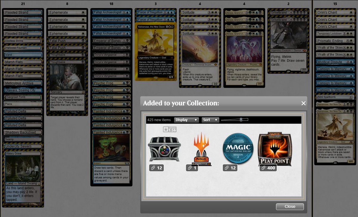 SanPop_mtgo's tweet image. Missed Modern Challenge for 2 seconds, but trophied Modern Gold League with Goryo. 🏆💀