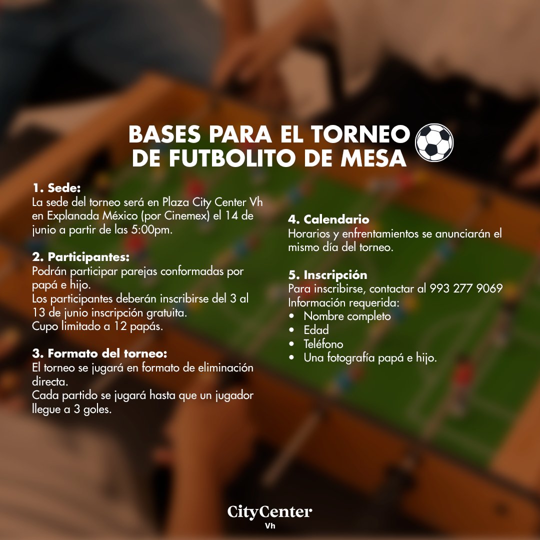Papá, llegó tu momento de brillar en la cancha🌟
Demuestra tu pasión, tu fuerza… y tu mejor jugada en nuestro primer torneo de futbolito ✨

Inscripciones 📲993 277 9069