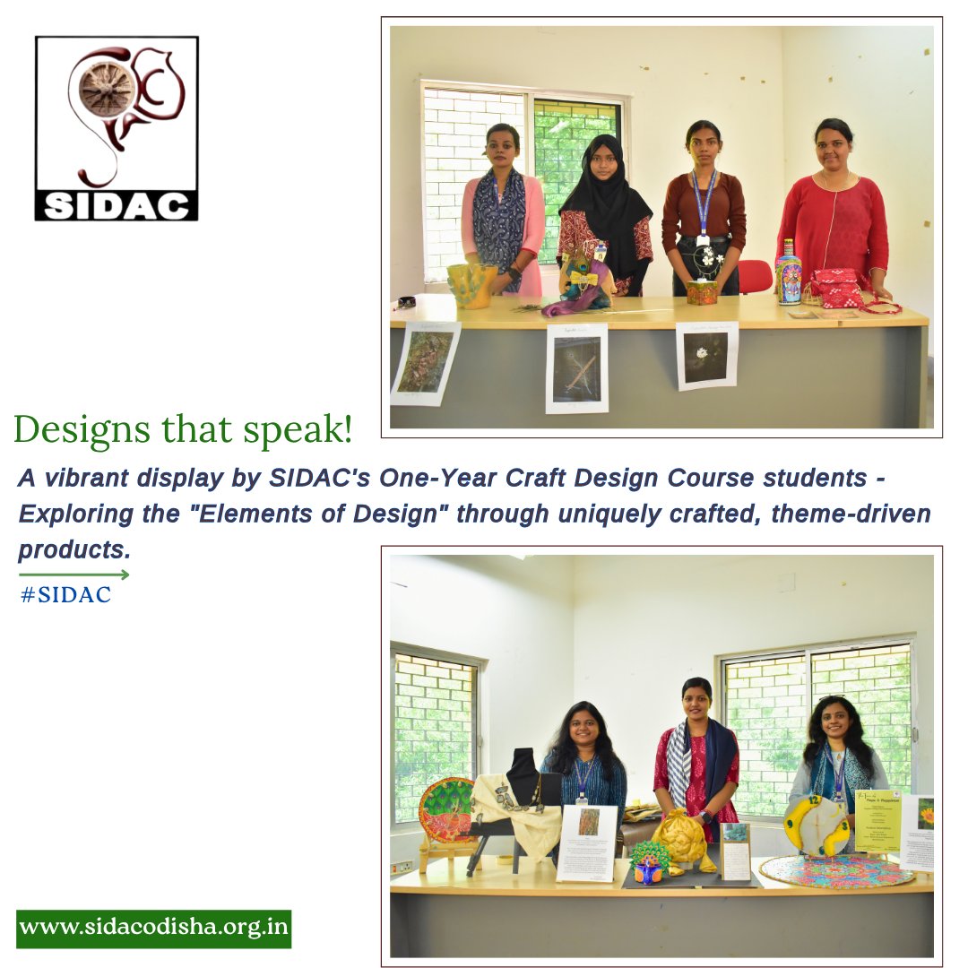 Sidac_Odisha's tweet image. Designs that speak!

A vibrant display by SIDAC&apos;s One-Year Craft Design Course students - Exploring the &quot;Elements of Design&quot; through uniquely crafted, theme-driven products.
#CraftDesign #SIDAC #ElementsOfDesign #StudentShowcase #HandcraftedCreativity #CreativeExpressions