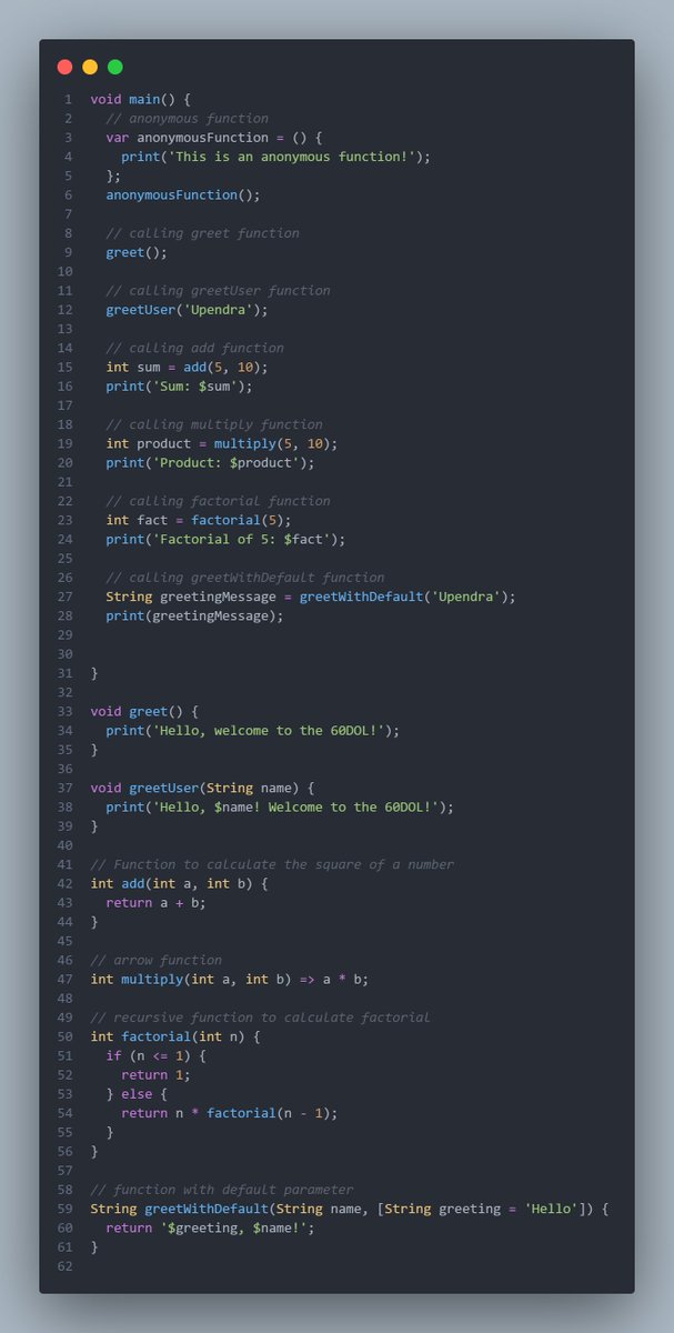 Upendra_48's tweet photo. #LSPPDay05
Learned anonymous functions, arrow syntax, recursion, and default parameters in dart.
More about todays learning here:https://t.co/S1gdrsCGM8
#60DaysOfLearning2025 #LearningWithLeapfrog
@lftechnology https://t.co/39glrGc1w7