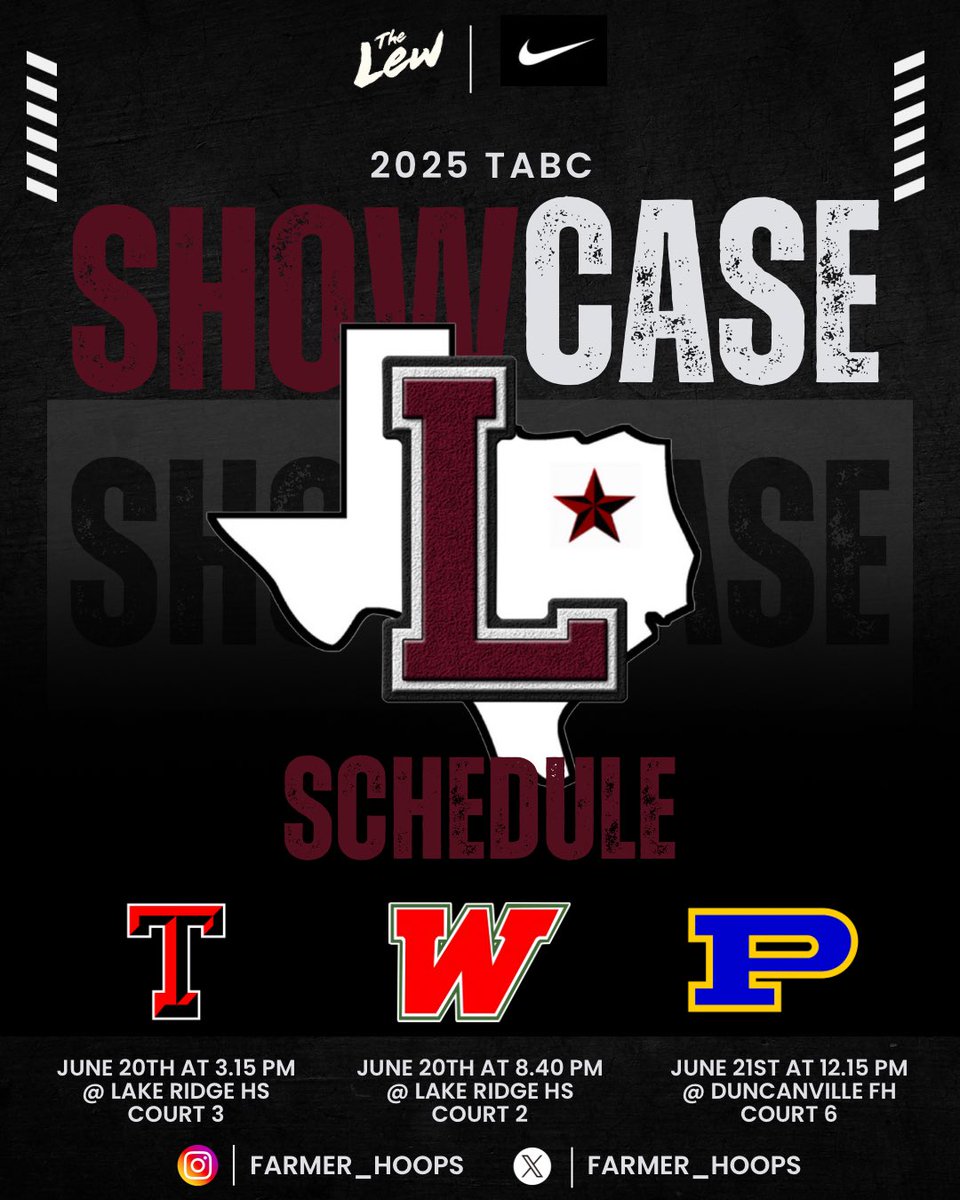 LHS Basketball (@farmer_hoops) on Twitter photo π¨π¨π¨π¨π¨π¨π¨π¨π¨π¨π¨π¨π¨π¨β¬οΈTABC SHOWCASE SCHEDULE β¬οΈ
ποΈ June 20-22nd
π Tascosa
π The Woodlands
π Pflugerville
π Mansfield Lake Ridge HS & Duncanville FH
<a href="/Tabchoops/">ππΌπ½πΎππ</a> | #HaT #TheLew #FAST π¨π¨π¨π¨π¨π¨π¨π¨π¨π¨π¨π¨π¨π¨β¬οΈTABC SHOWCASE SCHEDULE β¬οΈ
ποΈ June 20-22nd
π Tascosa
π The Woodlands
π Pflugerville
π Mansfield Lake Ridge HS & Duncanville FH
<a href="/Tabchoops/">ππΌπ½πΎππ</a> | #HaT #TheLew #FAST