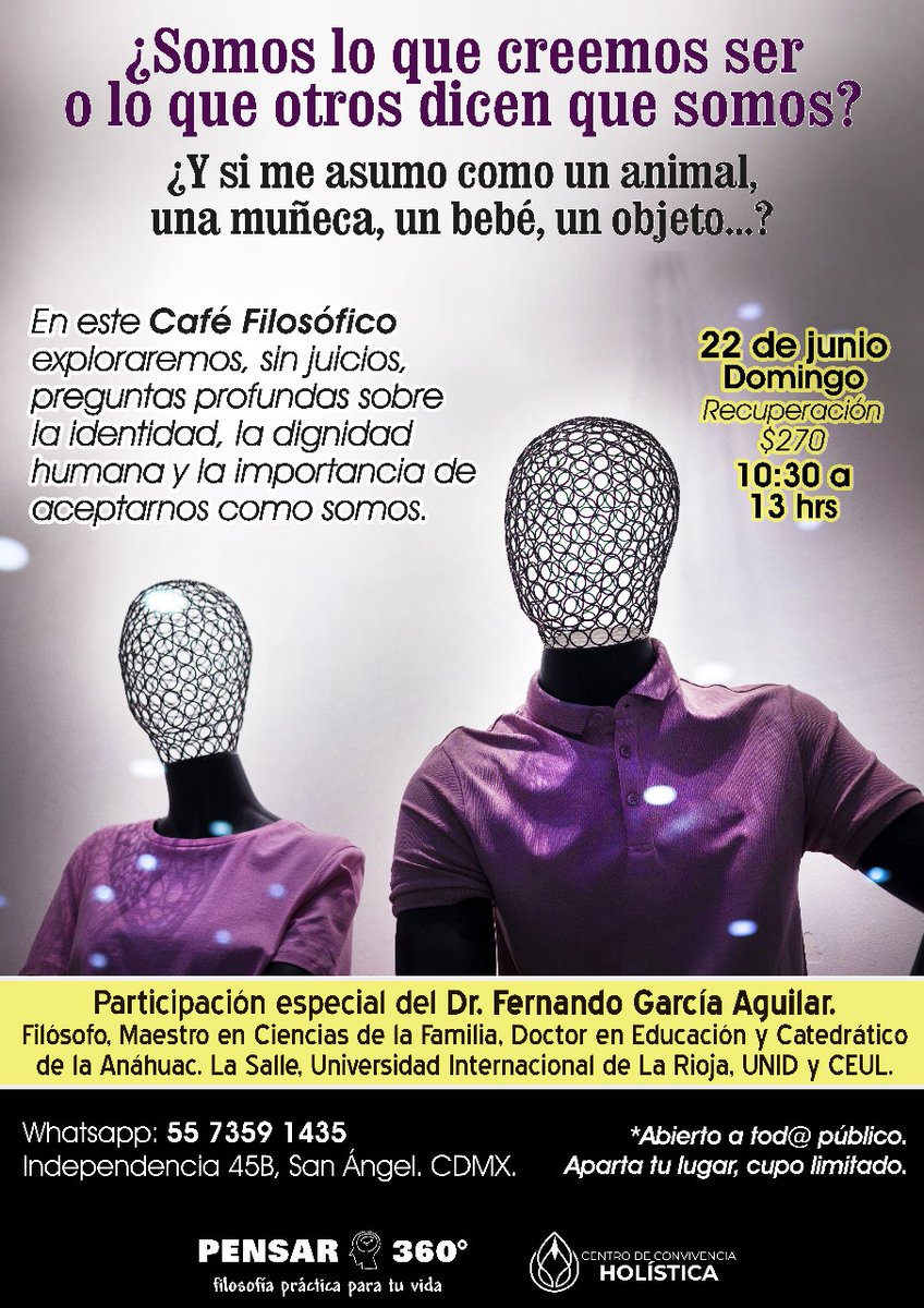 CENCOH's tweet photo. ¿Somos lo que creemos ser… o lo que otros dicen que somos?
Acompáñanos al Café Filosófico para reflexionar sobre identidad, dignidad y cómo nos asumimos.
📍San Ángel, CDMX
📲 55 7359 1435
👉 Junik 22. Abierto a todo público
#CaféFilosófico #Adondeir #FilosofíaParaLaVida #CDMX https://t.co/eDglKSytvP